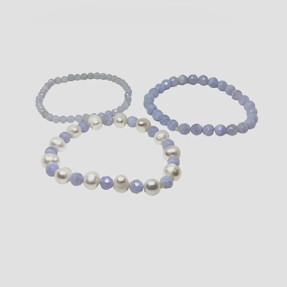 Set Lot Set 3 Real Pearls Calcedony Gemstone Bracelets Faceted Rare Unique